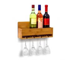 Relaxdays Weinregal mit Glashalter H x B x T: ca. 17 x 37 x 11,5 cm Flaschenregal aus Bambus mit Platz für 4 Flaschen und 4 Gläser zur Wandmontage Hängeregal Holz als Weinflaschenhalter Ablage, natur