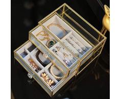 Dreameryoly 2 Schicht Klarglas Schmuckschatulle mit herausnehmbaren Samt Schublade Tablett - Vanity Vintage Metall Messing Lace Edged Vitrine Geschenk für Frauen Well-Suited Classy Astonishing
