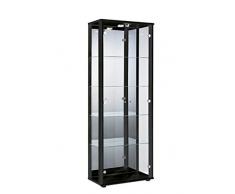 BR-Wohndesign Glasvitrine 176x67x33 cm in Schwarz mit 4 Glasböden, Spiegel und Schloss