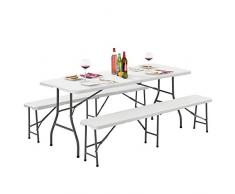 Juskys Bierzeltgarnitur Amberg klappbar 3-teilig Kunststoff - 1 Biertisch & 2X Bierbank – Weiß – Festzeltgarnitur Gartenmöbel-Set