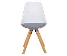 Wohnling 2er Set Retro Esszimmer-Stuhl LIMA ohne Armlehne, Sitzfläche Stoffbezug Küchenstuhl mit weißer Lehne aus Kunststoff und 4 Holz Beinen, Skandinavisches Design Essstuhl- gepolstert grau