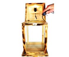 Große KLG-OFOS-GEFLAMMT, Holzlaterne mit Glas und Holz - Rahmen, aus Holz, gebrannt geflammt schwarz-natur Deko Glasvitrine, Holzlaterne mit Glasscheibe (4 Scheiben Echtglas)