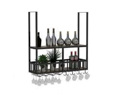 ZYM Hängendes Weinregal mit Weinglashalter, Wandmontage Metall Vintage Weinflaschenständer Weinschrank, für Bar/Küche/Zuhause, Schwarz
