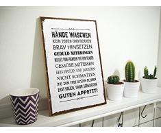 Holzschild mit Spruch – TISCH-BENIMM-REGELN – shabby chic retro vintage nostalgie deko Typografie-Grafik-Bild bunt im used-look aus MDF-Holz, Schild, Wandschild, Türschild, Holztafel, Holzbild mit Zitat / Aphorismus als Geschenk