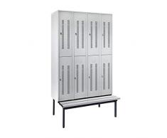Wolf Halbhohe Garderobenschränke mit Sitzbankuntergestell - 300 mm, 8 Abteile - Lochblech, lichtgrau - Garderobe Garderoben Garderobenbank Garderobenbänke Garderobenschrank Garderobenschränke Schrank Schränke Sitzbank Stahlschrank