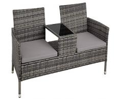 TecTake 403223 Polyrattan Gartensitzbank mit Tisch, 2-Sitzer, für Garten, Balkon und Terrasse, Füße aus Kunststoff, Gartenbank inkl. Sitzkissen, grau