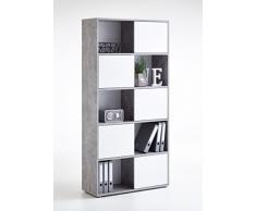 Dreams4Home Regal Loli I - Schrank, Kommode, B/H/T:90x182x33cm, 5 Türen, 10 Fächer, Wohnzimmer, Esszimmer, Diele/Flur, Büro, Melamin beschichtet, Made in Germany, Materialstärke: 15/18 mm, Beton/Hochglanz weiß o. Sandeiche/Hochglanz