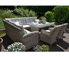 bomey Rattan Lounge Set I Gartenmöbel Set Manhattan C-2 4-Teilig I Gartensofa Grau + Tisch + 2 Sessel + Polster Beige I Essgarnitur für Garten + Terrasse + Wintergarten I Lange Seite des Sofas Rechts