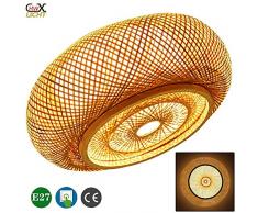 Vintage Deckenleuchte Holz Rund Schlafzimmerlampe Retro Bambus Rattan Schlafzimmer Deckenlampe, Handgemacht Lampenschirm Decke Lampe Für Esszimmer Wohn Zimmer Büro, 3×E27 Max. 40W, Ø50cm Holzlampe