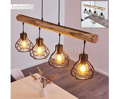 Pendelleuchte Gainesville, Hängelampe aus Metall/Holz in Schwarz/Natur, 4-flammig, 4 x E27 max. 60 Watt, Hängeleuchte mit Holzbalken in Gitter-Optik im Vintage-Design, Höhe max. 122 cm, LED geeignet