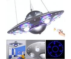 LED Dimmbar Kinderzimmer Pendelleuchte mit Fernbedienung, Modern Kreativ UFO Designer Lampen Cartoon Hängeleuchte, Junge/Mädchen Metall Hängelampe für Schlafzimmer Kindergarten Beleuchtung 30W Silber
