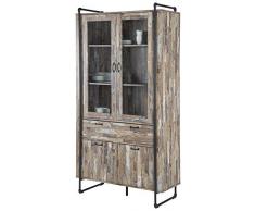 Vitrine Standvitrine Industrial Style Treibholz-Look braun schwarz Metallgestell 100x44x165cm Schrank Vitrinenschrank Standschrank Wandschrank mit Glastüren Schublade und Schranktüren Aufbewahrung