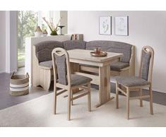 HOWE-Deko Truhen-Eckbankgruppe, Eiche Sonoma Sägerau Dekor BZW. Buche massiv sonomafarbig; Eckbank, 2 Stühle und Wangentisch;Bezug: Rückenpolsterung mit Flachgewebe braun meliert; variabel aufbaubar