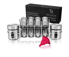 TELLOUR® Gewürzstreuer im Gewürzregal (12tlg) aus Glas & Edelstahl Inkl. Gewürztrichter - Gewürzgläser im modernen Spice Rack - Perfekte Gewürzaufbewahrung (100ml&380ml)