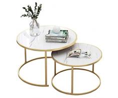 2-teilig | Stapelbare Elegante Couchtische | Runder Nesting Beistelltisch | Wohnzimmer Lounge Set | Gold Metallrahmen (Weiß)