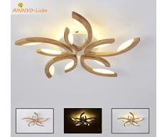 Holz LED Deckenleuchte, Wohnzimmer Deckenlampe Mit Dimmbar Und Blume-Form Design, Decke Licht Schlafzimmer Inkl Fernbedienung, Esszimmer-Lampe Modern, 5-Flammig, Acryl Lampenschirm Holzlampe Ø75CM 36W