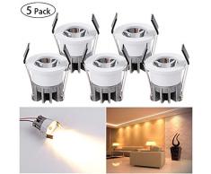 5er Mini Klein LED Einbaustrahler,3W Warmweiß LED Deckeneinbaustrahler COB Aluminium LED Deckenspots für Weinschrank/Schrank/Küche/Wohnzimmer[Energieklasse A++]
