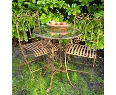 GeKi Trend Edles Bistroset aus Eisen Antik Jugenstil Balkon Garten Tisch mit Glasplatte und 2 Stühlen antik-braun hochwertig