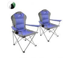 Divero Deluxe Faltstuhl 2er Set Armlehne blau grau Getränkehalter Tragetasche 90x62x108 cm bis 130 kg 600D Oxford Beschichtung Campingstuhl Angelstuhl Stahlrahmen 19mm extra breit gepolstert