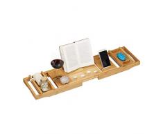 Relaxdays Bambus Badewannenablage, 109 cm, ausziehbar, Weinhalter, Buchstütze, Seifenablage, Badewannenaufsatz, natur