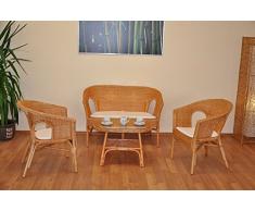 Rattangarnitur Fabion honigfarben , Set Rattanbank , 2 Rattansessel und Rattantisch inkl. Kissen weiß