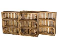 4er Set Regalkiste Flach mit 3 Fächern in Geflammt - Flambiertes Kistenregal als Gewürzregal 50x40,5x16cm