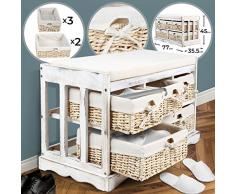MIADOMODO Landhaus Korb-Kommode - mit 5 Rattankorben und Sitzfläche, 77/35,5/45 cm, Weiß - Holzregal, Beistellschrank, Ablagetisch, Badregal, Sitzkommode, Sitzbank, Bank, Shabby Chic Vintage Look