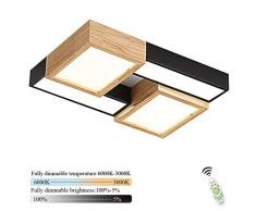 LED-Deckenleuchte, Echt Holz-Deckenlampe, Wohnzimmerlampe, Holzlampe, Dreistufig Dimmbar, Farbtemperatur und Dimmer mit Fernbedienung, Holzakzenten, Acryl-Schatten, Rechteckig, 4-flammig,Schwarz