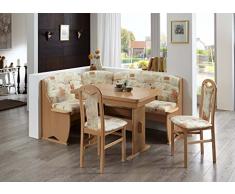 HOWE-Deko Truhen-Eckbankgruppe, Buche Natur Dekor BZW. Buche massiv naturfarbig; Eckbank, 2 Stühle und Wangentisch; Bezug: Mikrofaser sandfarbig Gemustert; variabel aufbaubar