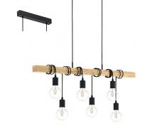 EGLO Pendellampe Townshend, 6 flammige Vintage Pendelleuchte im Industrial Design, Retro Hängelampe aus Stahl und Holz, Farbe: schwarz, braun, Fassung: E27