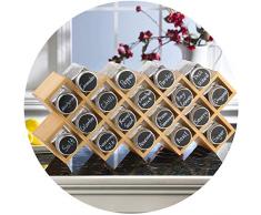 ecooe Bambus Gewürzregal Gewürzständer für Küchenschrank und Arbeitsfläche aus 18 Gewürzgläsern und Labeln Gläser mit Aluminium