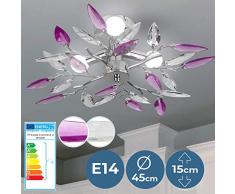 Deckenleuchte in Blatt-Optik - EEK: A++ bis E, LED, Ø45cm, für E14, 3-flammige, Lila - Deckenlampe, Schlafzimmerleuchte, Kristallbehang - für Wohnzimmer, Esszimmer, Schlafzimmer, Küche