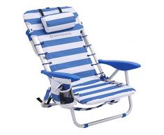 SONGMICS Strandstuhl mit Kopfkissen, Aluminium, tragbarer Klappstuhl, Campingstuhl, faltbar und verstellbar, wie EIN Rucksack tragbar, Outdoor-Stuhl, blau-weiß gestreift GCB62BU