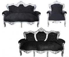 Casa Padrino Barock Wohnzimmer Set King Schwarz/Silber - 3-er Sofa + 2-er Sofa + 1 Sessel