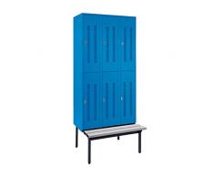 Wolf Halbhohe Garderobenschränke mit Sitzbankuntergestell - 300 mm, 6 Abteile - Lochblech, lichtblau - Garderobe Garderoben Garderobenbank Garderobenbänke Garderobenschrank Garderobenschränke Schrank Schränke Sitzbank Stahlschrank