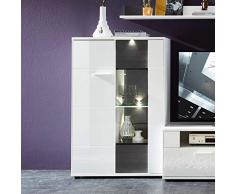 Möbel Akut Vitrine Links Clou Wohnzimmer Highboard Vitrinenschrank Glasvitrine weiß Hochglanz mit LED Beleuchtung