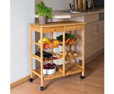 Relaxdays Küchenrollwagen James XXL H x B x T: ca. 80 x 67 x 37 cm Servierwagen mit Ablagen aus Bambus mit 2 Schubladen und 3 Körben als rollbarer Küchenwagen mit Weinregal bzw. Flaschenregal, natur