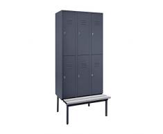 Wolf Halbhohe Garderobenschränke mit Sitzbankuntergestell - 300 mm, 6 Abteile - Vollwand, blaugrau - Garderobe Garderoben Garderobenbank Garderobenbänke Garderobenschrank Garderobenschränke Schrank Schränke Sitzbank Stahlschrank