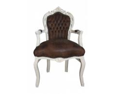 Casa Padrino Barock Esszimmer Stuhl mit Armlehnen Braun / Creme Lederoptik Antik Look