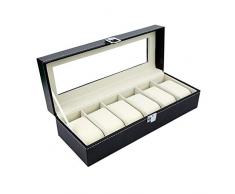 HYJMJJ Sechs Slot Leder Uhrenbox Vitrine Organizer Glas Schmuck Aufbewahrung Schwarz