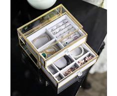 earlyad 2 Schicht Klarglas Schmuckschatulle mit herausnehmbaren Samt Schublade Tablett - Vanity Vintage Metall Messing Lace Edged Vitrine Geschenk für Frauen Well-Suited