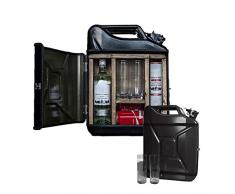 mikamax – Jerrycan Mix Drink Bar 20L – Whiskey Bar– Mobile Bar – Benzinkanister bar – mit 2 Longdrink Gläsern – Schwarz – 20 Liter – Holz und Metall – 46.5 x 34.5 x 14 cm – Kanister Barschrank