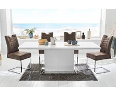 lifestyle4living Tisch, Esstisch, Ausziehtisch, Säulentisch, Küchentisch, Esszimmertisch, weiß, Hochglanz, Synchronauszug, Edelstahl Fuß, Maße 160 x 90 cm