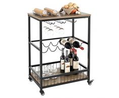 HOMECHO Küchenwagen Servierwagen mit Weinregal, Küchentrolley Beistellwagen auf Rollen im Industrie-Design, Rollwagen aus Holz und Metall, rollbar für Küchen, BHT 60 x 40 x 82cm,Vintage, Braun