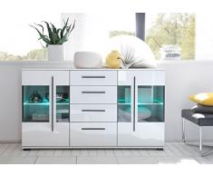 Dreams4Home Sideboard Foma III - Schrank, 2 Türen, 2 Glasböden, 2 Konstruktionsböden, 4 Schubkästen, optional m. Beleuchtung, Wohnzimmer, Esszimmer, B/H/T: ca. 150x86x42 cm, Grauglas, Korpus in Weiß Melamin NB, Front Weiß
