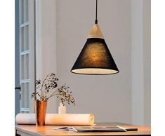 Stoff Pendelleuchte Esstischlampe Esszimmerleuchte Holz Hängelampe Vintage Einstellbar Massivholz Textil Lampenschirm Höhenverstellbar Pendellampe modern Wohnzimmer Deckenleuchte Holzlampe Schwarz