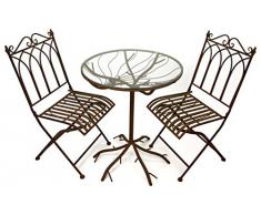 GeKi Trend Edles Bistroset 3 teilig aus Eisen Antik Jugendstil Garten Balkon Tisch mit Glasplatte und 2 Stühlen antikbraun hochwertig