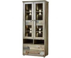Bonanza Vintage Vitrine in Driftwood Optik - ausdrucksstarke Retro Glasvitrine inkl. LED Beleuchtung - 83 x 188 x 39 cm (B/H/T)
