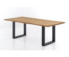 Massivholztisch Brian in Wildeiche, massiver Esstisch mit Baumkante, rustikaler Esszimmertisch mit schwarzen Stahlkufen, Größe:220x100