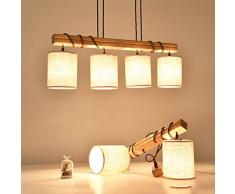 Stoffschirm Holz Pendelleuchte Moderne Minimalistisch Kunst Hängelampe Wohnzimmer E27 Stoff Lampe Einstellbar Esszimmer Esstisch Kronleuchter Deckenleuchte Schlafzimmer Arbeitszimmer (4 flammig)
